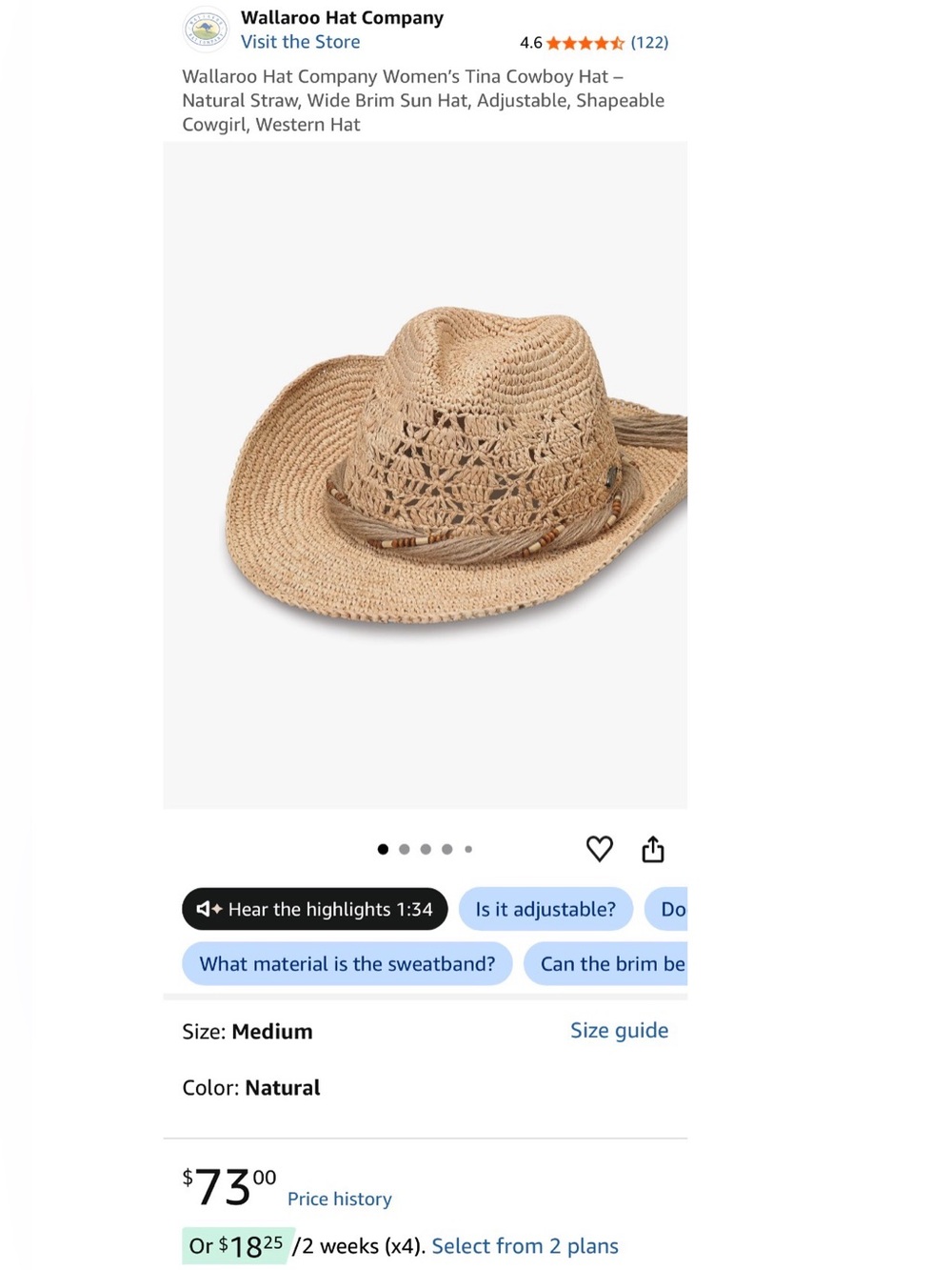 Wallaroo Natural Straw Women's Wide Brim Tina Adjustable Shapable Cowboy Hat